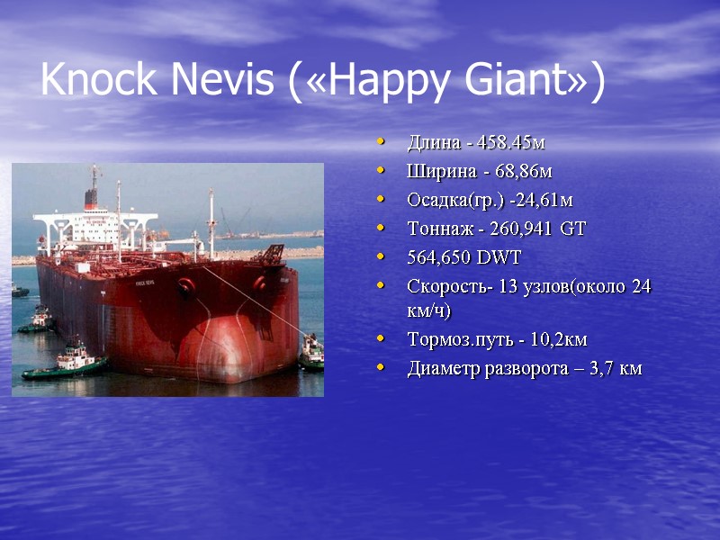 Knock Nevis («Happy Giant») Длина - 458.45м Ширина - 68,86м Осадка(гр.) -24,61м  